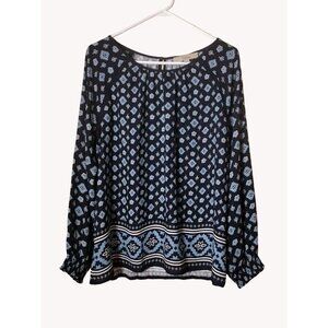 Loft Top Large Long Sleeve Dual Fabric Floral Keyhole Back Button Blue